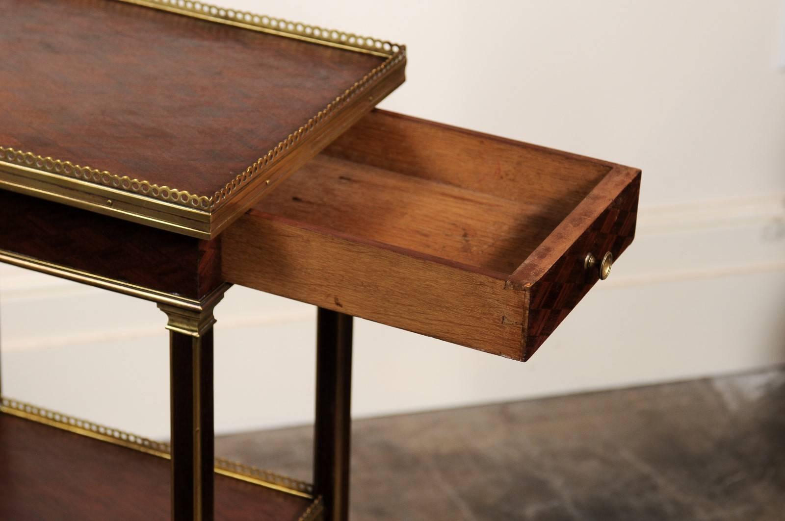 19th Century English 1870 Petite Brass and Parquetry Three-Shelf Étagère with Single Drawer