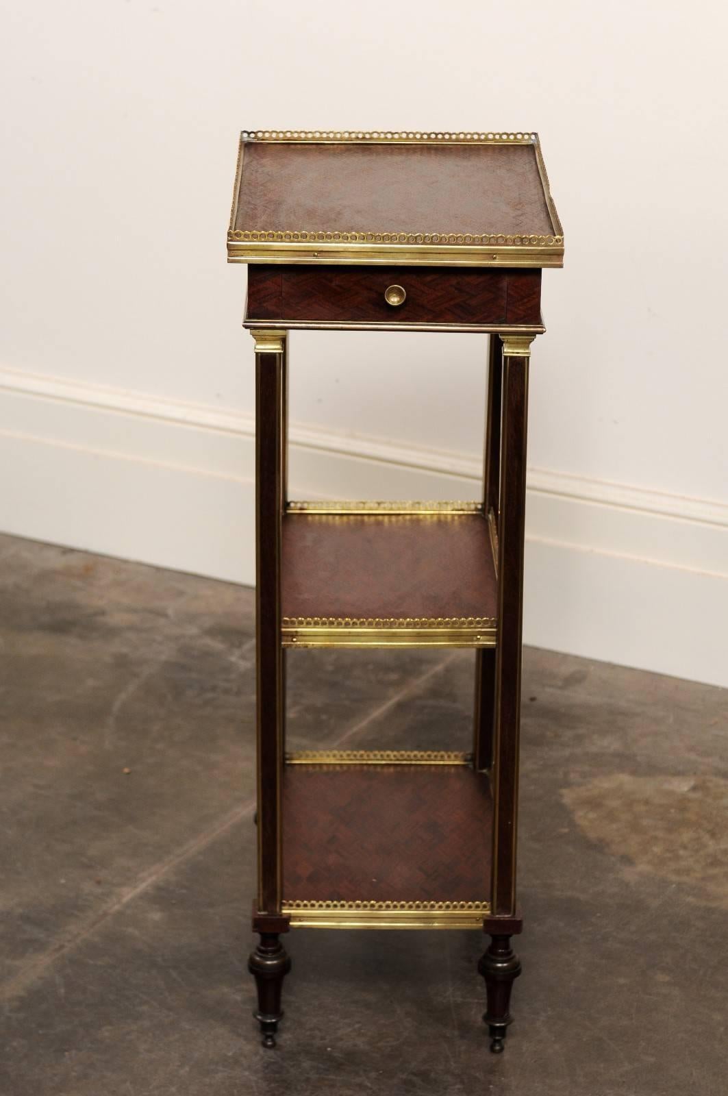 English 1870 Petite Brass and Parquetry Three-Shelf Étagère with Single Drawer 2