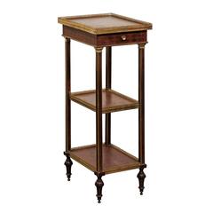 English 1870 Petite Brass and Parquetry Three-Shelf Étagère with Single Drawer