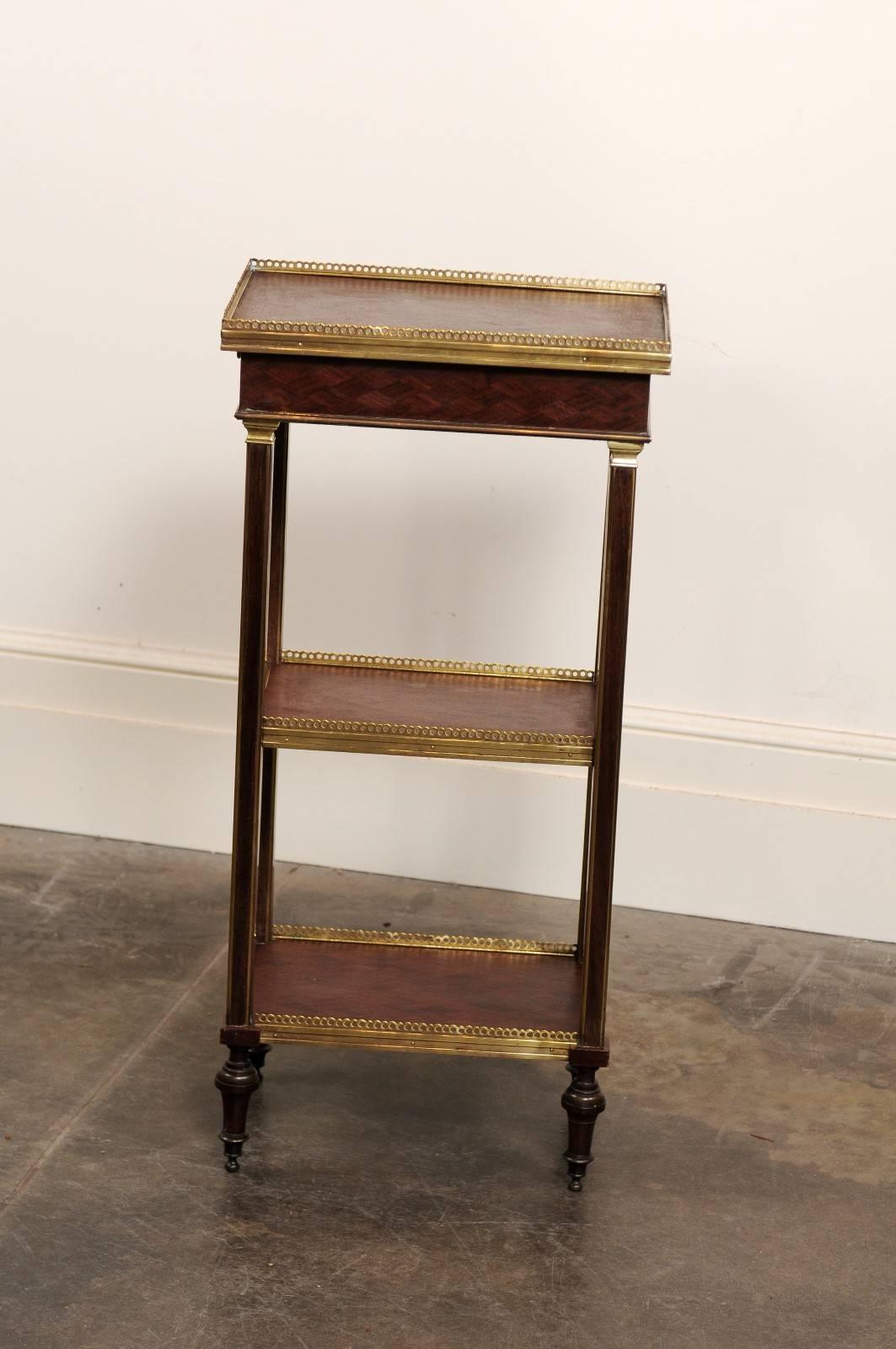English 1870 Petite Brass and Parquetry Three-Shelf Étagère with Single Drawer 4