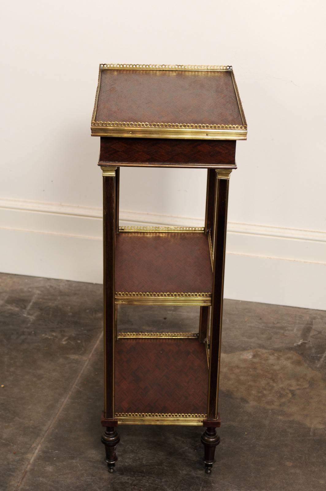 English 1870 Petite Brass and Parquetry Three-Shelf Étagère with Single Drawer 3