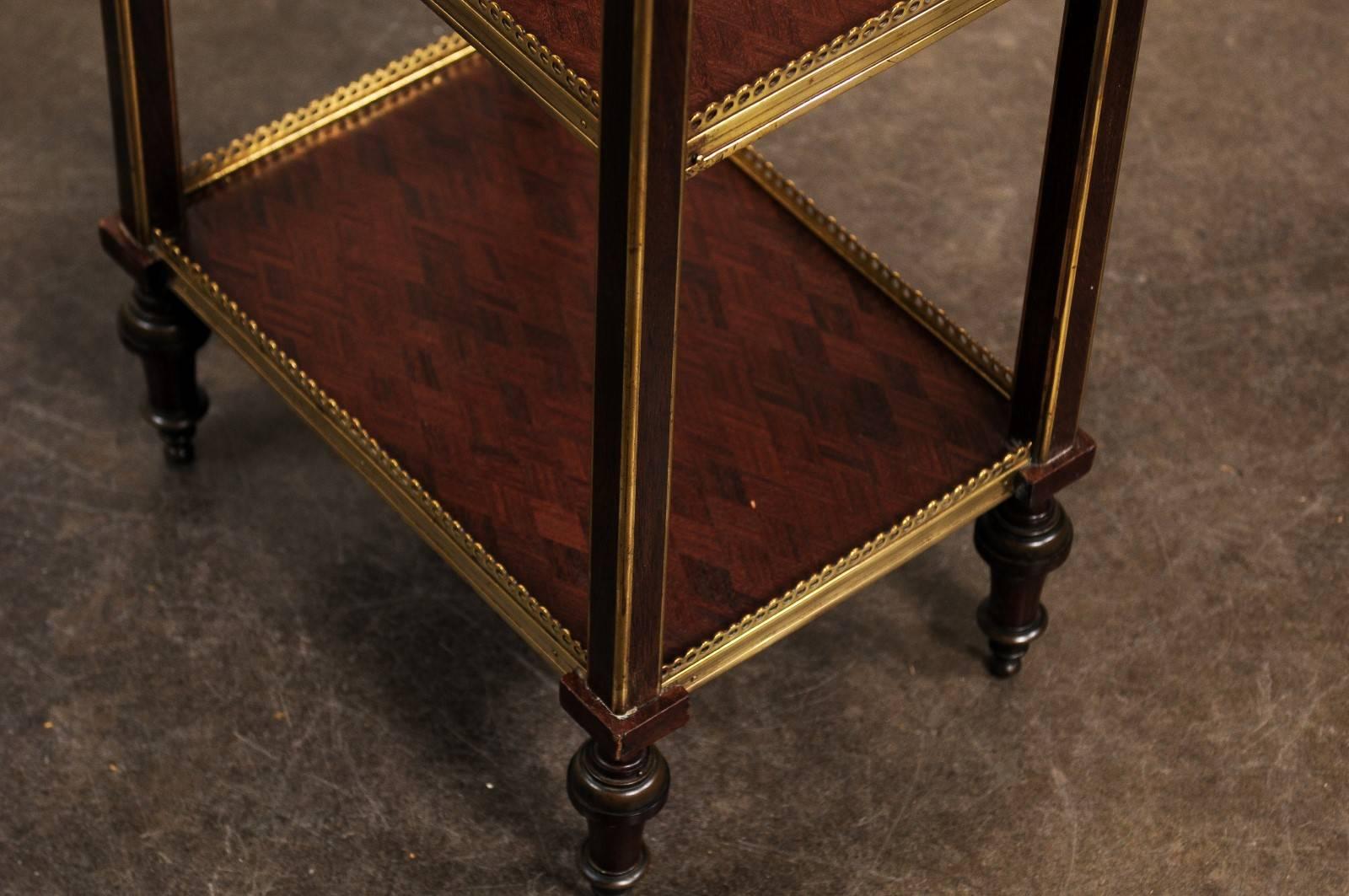 English 1870 Petite Brass and Parquetry Three-Shelf Étagère with Single Drawer 6