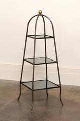 Italian Mid-Century Steel Tiered Stand with Black Glass Shelves and Domed Top