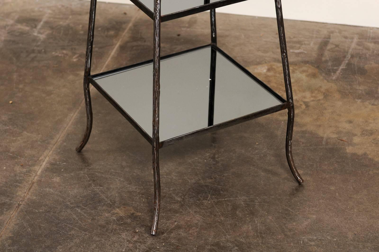 Italian Mid-Century Steel Tiered Stand with Black Glass Shelves and Domed Top In Good Condition For Sale In Atlanta, GA