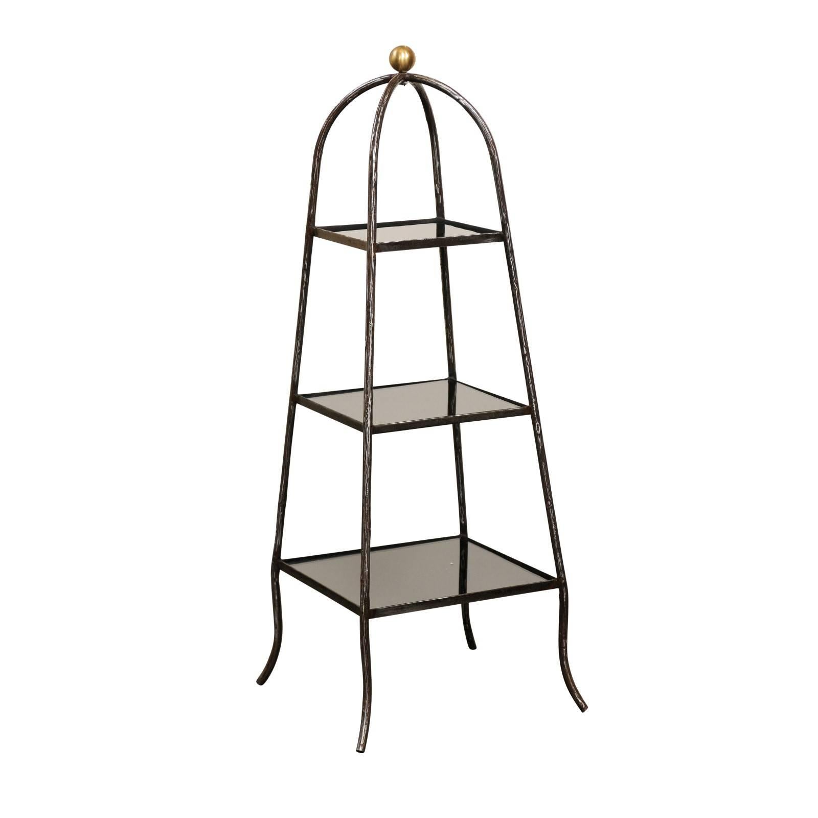 Italian Mid-Century Steel Tiered Stand with Black Glass Shelves and Domed Top For Sale