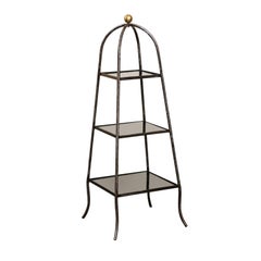Retro Italian Mid-Century Steel Tiered Stand with Black Glass Shelves and Domed Top