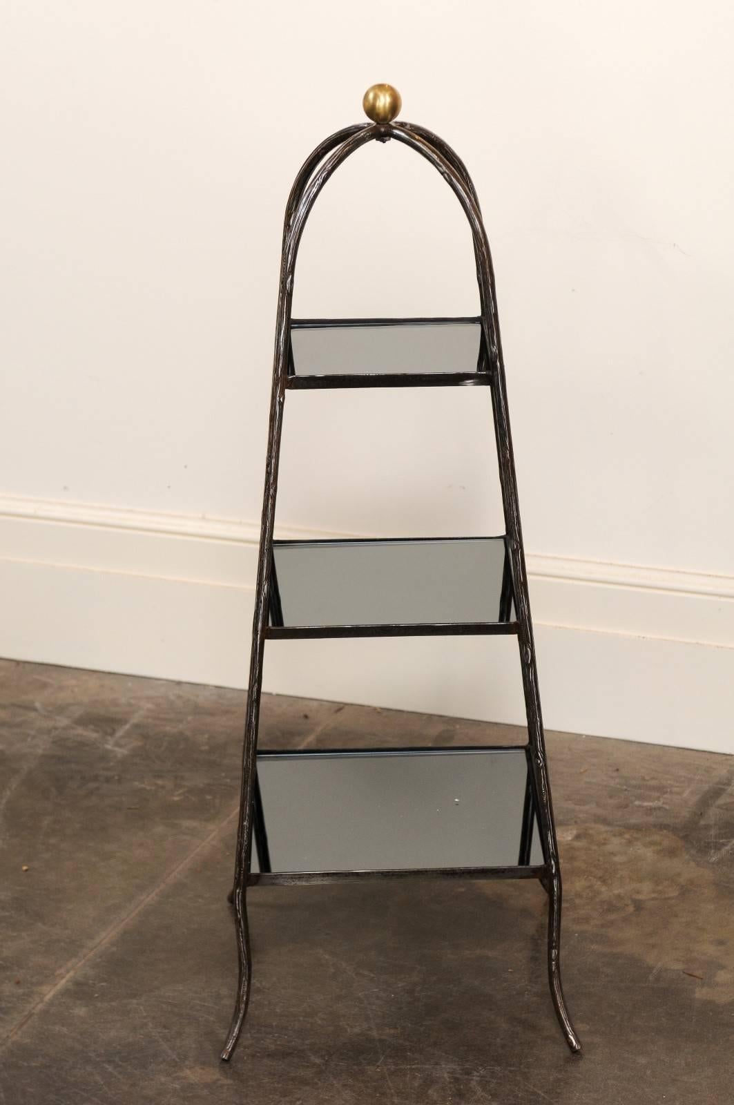 20th Century Italian Mid-Century Steel Tiered Stand with Black Glass Shelves and Domed Top For Sale