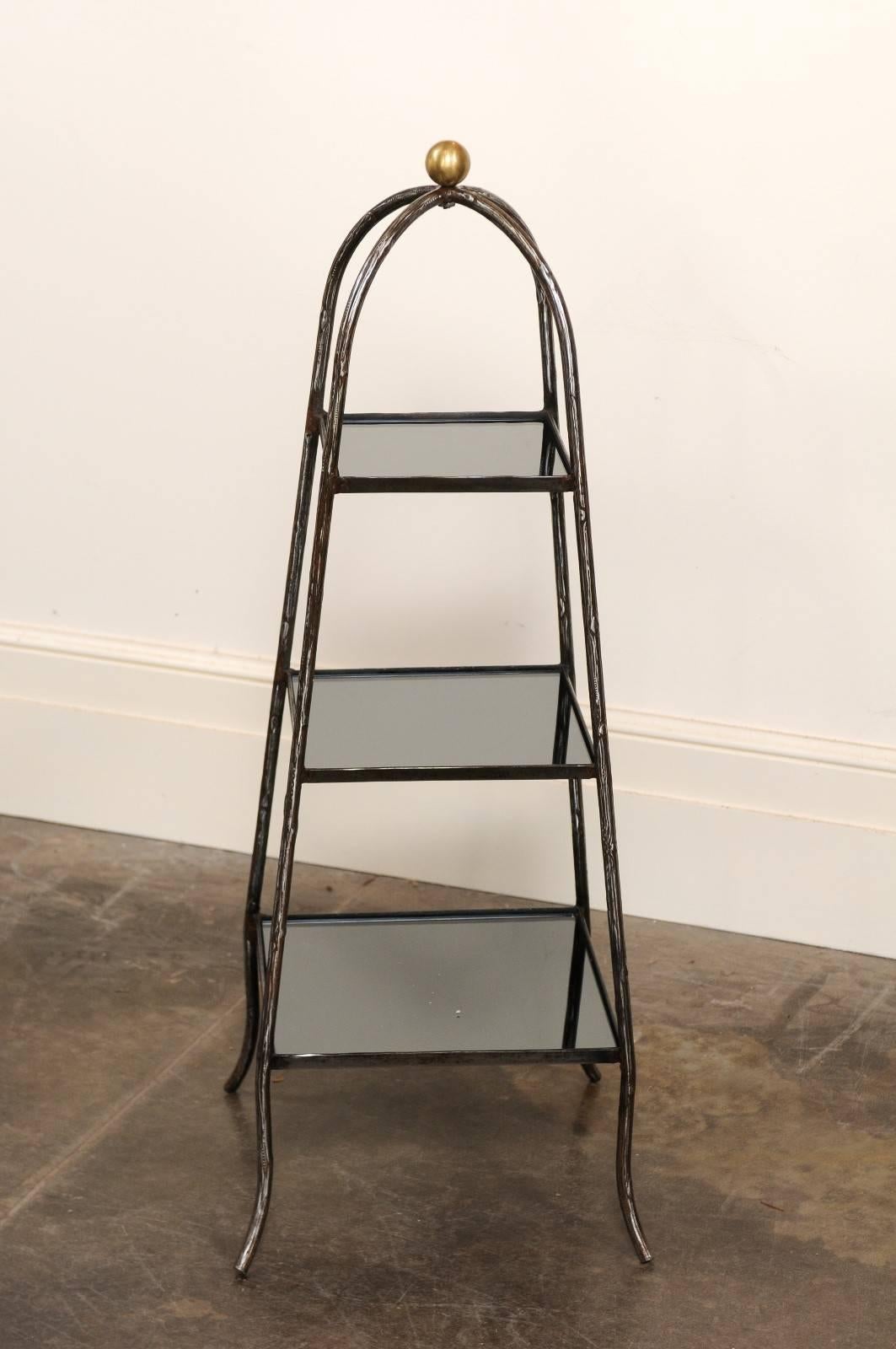 Mid-Century Modern Italian Mid-Century Steel Tiered Stand with Black Glass Shelves and Domed Top For Sale