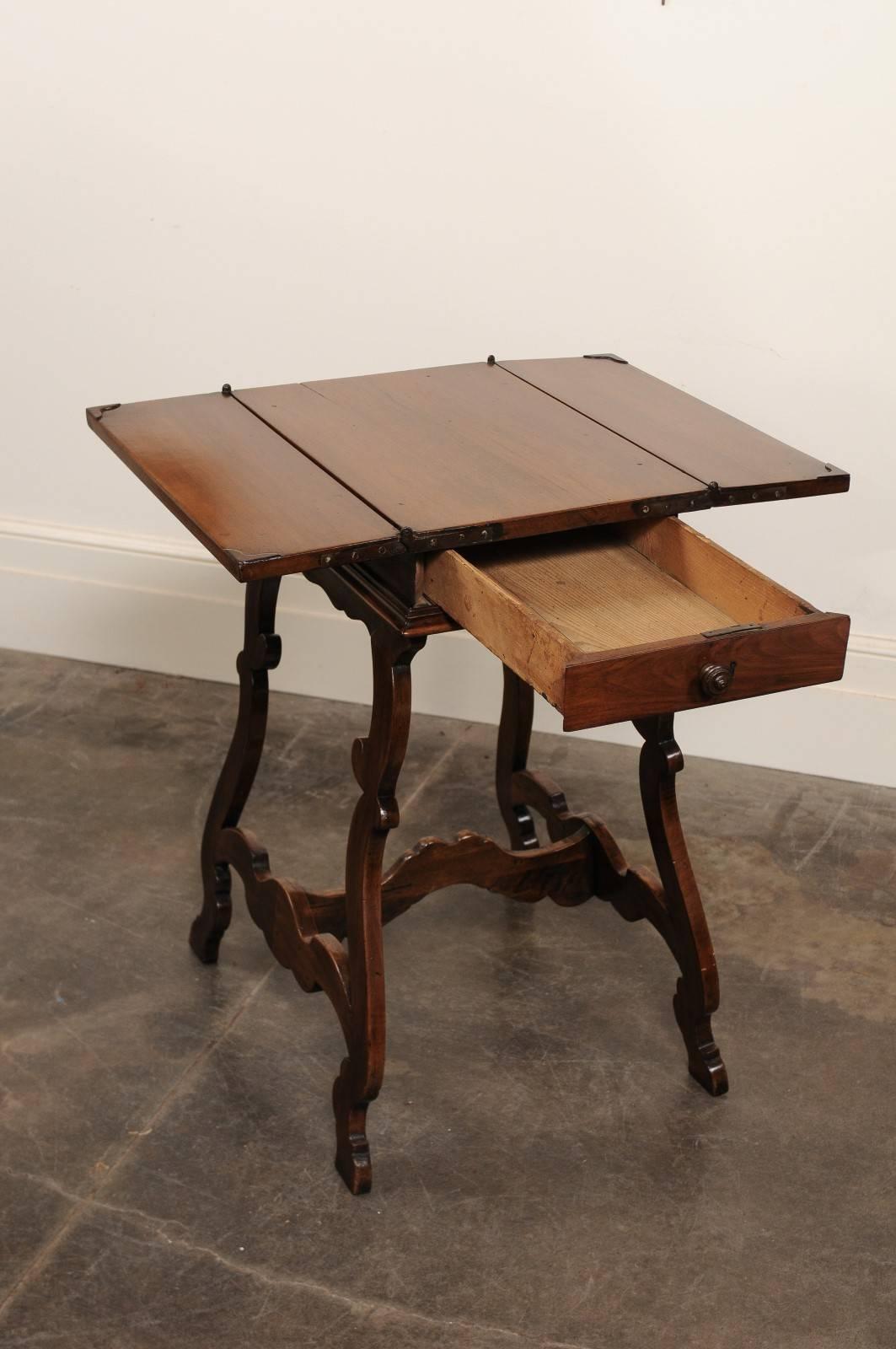 Italian 1820 Walnut Side Table with Folding Top and Baroque Lyre Shaped Legs In Good Condition In Atlanta, GA