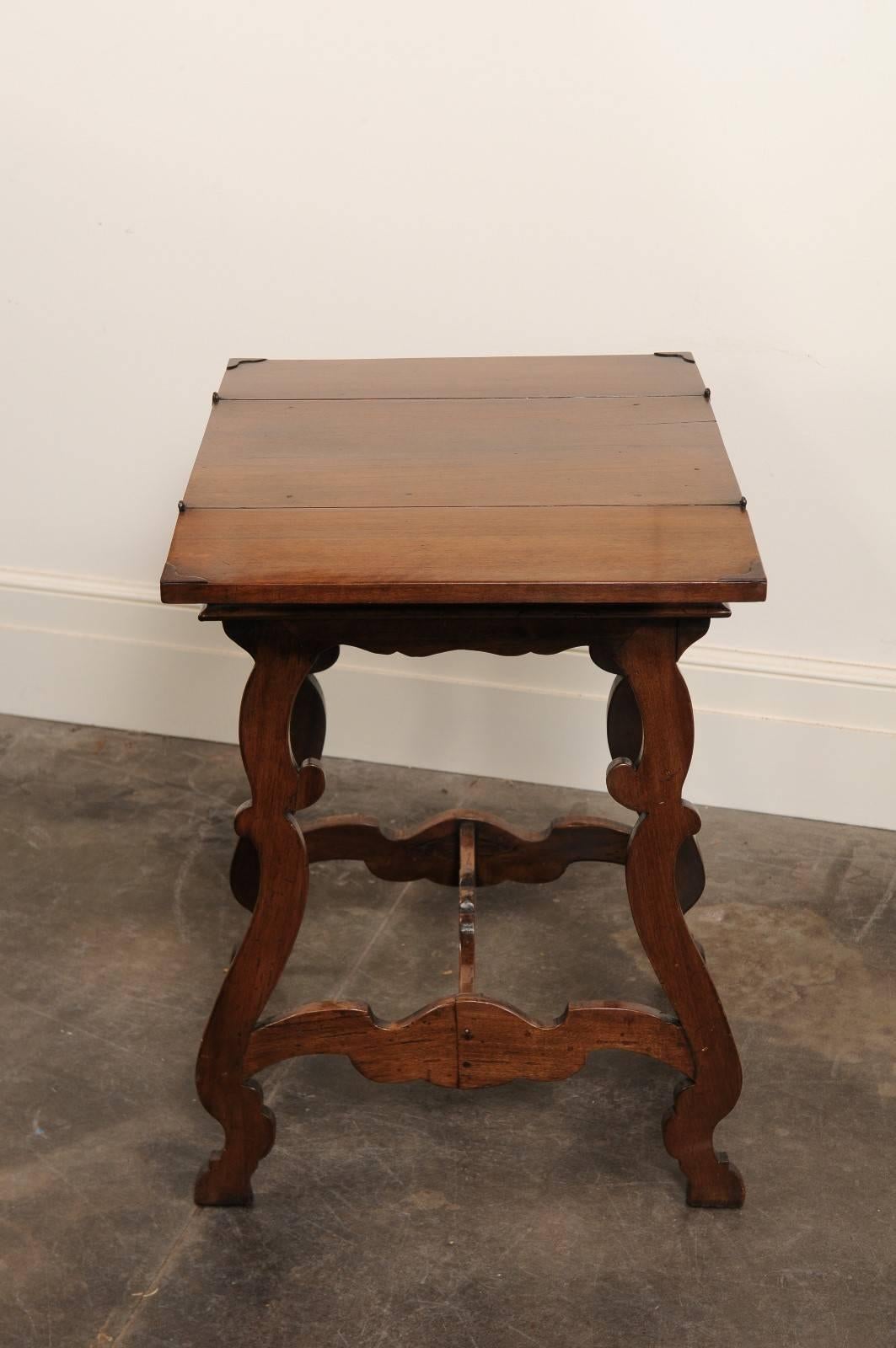 Italian 1820 Walnut Side Table with Folding Top and Baroque Lyre Shaped Legs 1