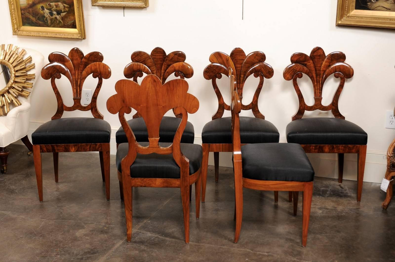 Walnut Set of Six Viennese Biedermeier Dining Chairs with Horsehair Seats, circa 1825