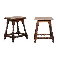 Pair of Italian Walnut Stools with Turned Splayed Legs and Side Stretchers, 1880