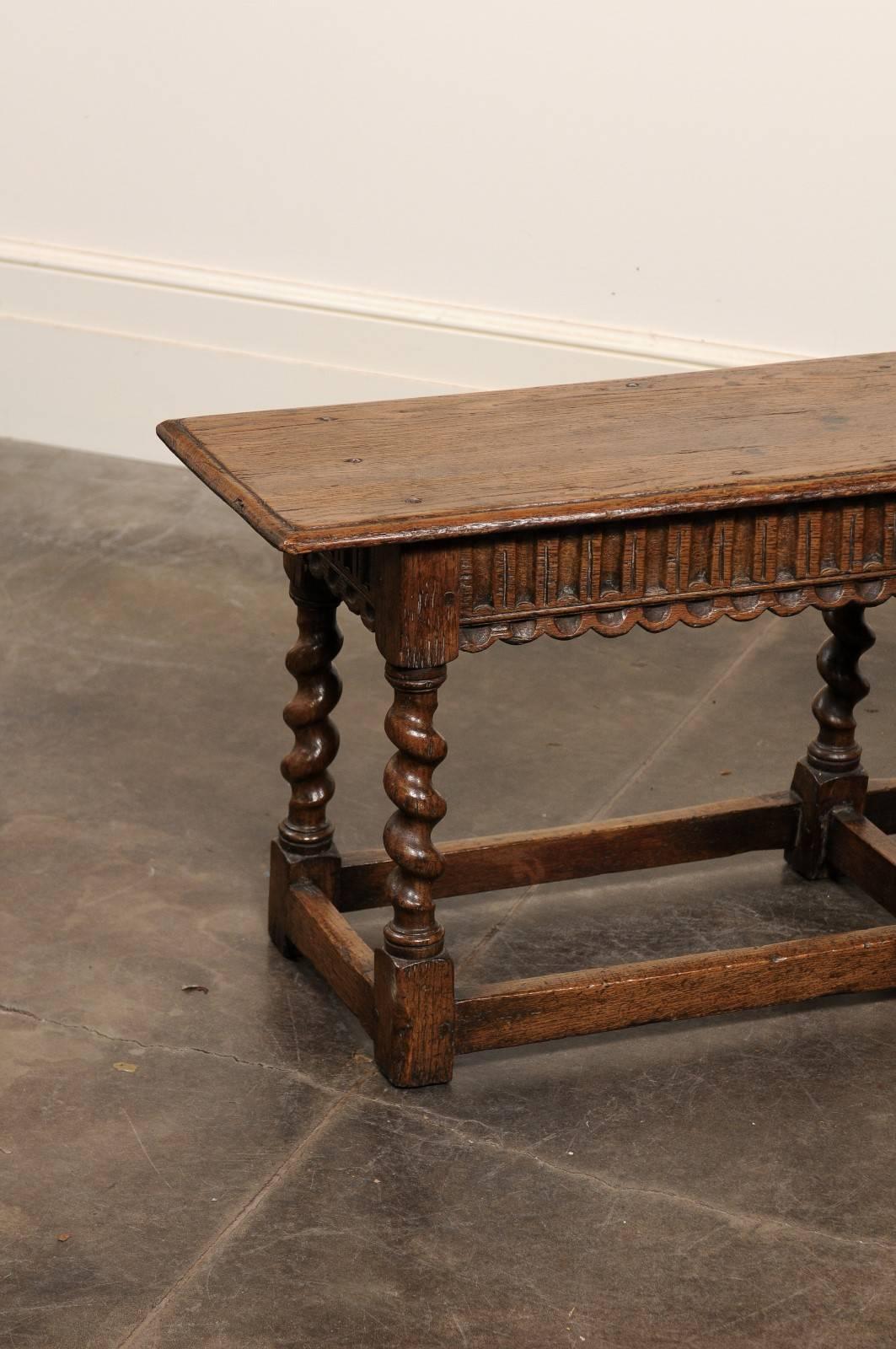 English Backless Carved Oak Bench with Barley Twist Legs, circa 1920 In Good Condition In Atlanta, GA