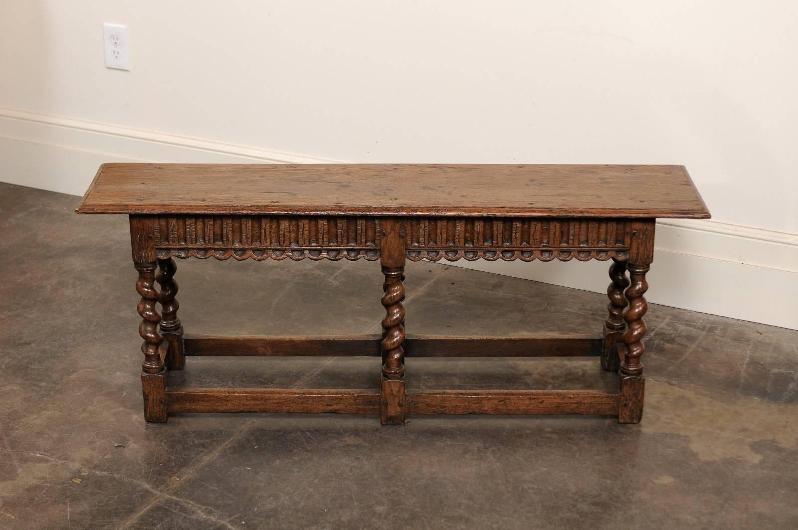 English Backless Carved Oak Bench with Barley Twist Legs, circa 1920 2