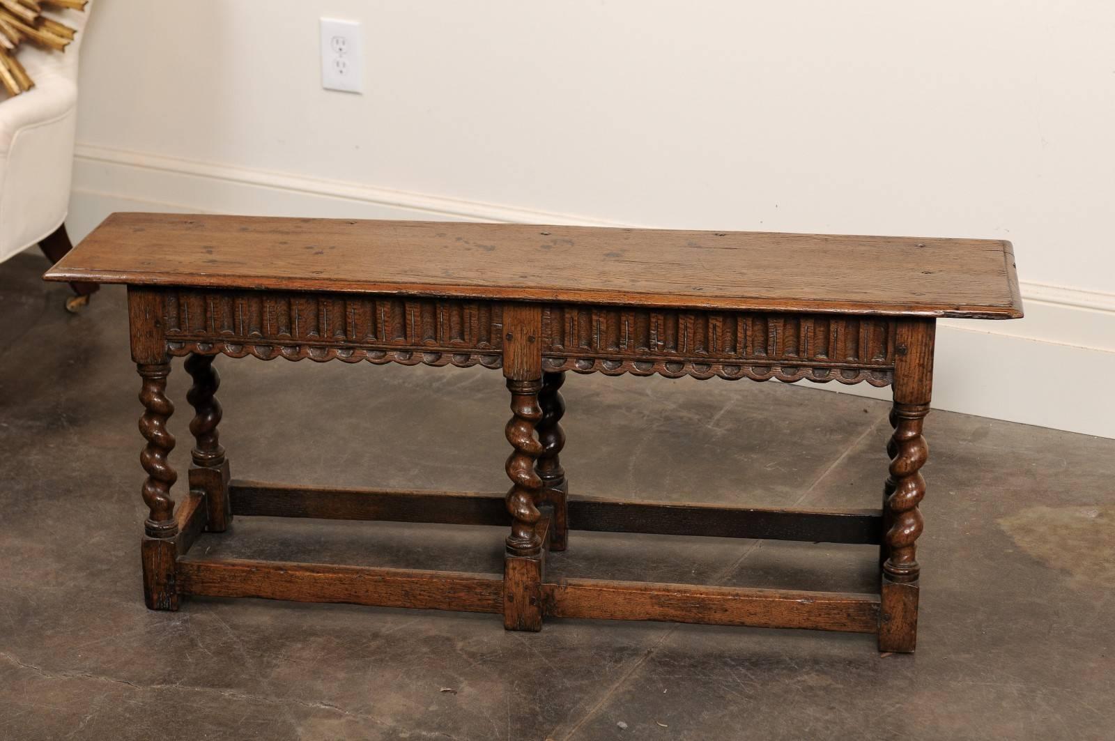 English Backless Carved Oak Bench with Barley Twist Legs, circa 1920 3