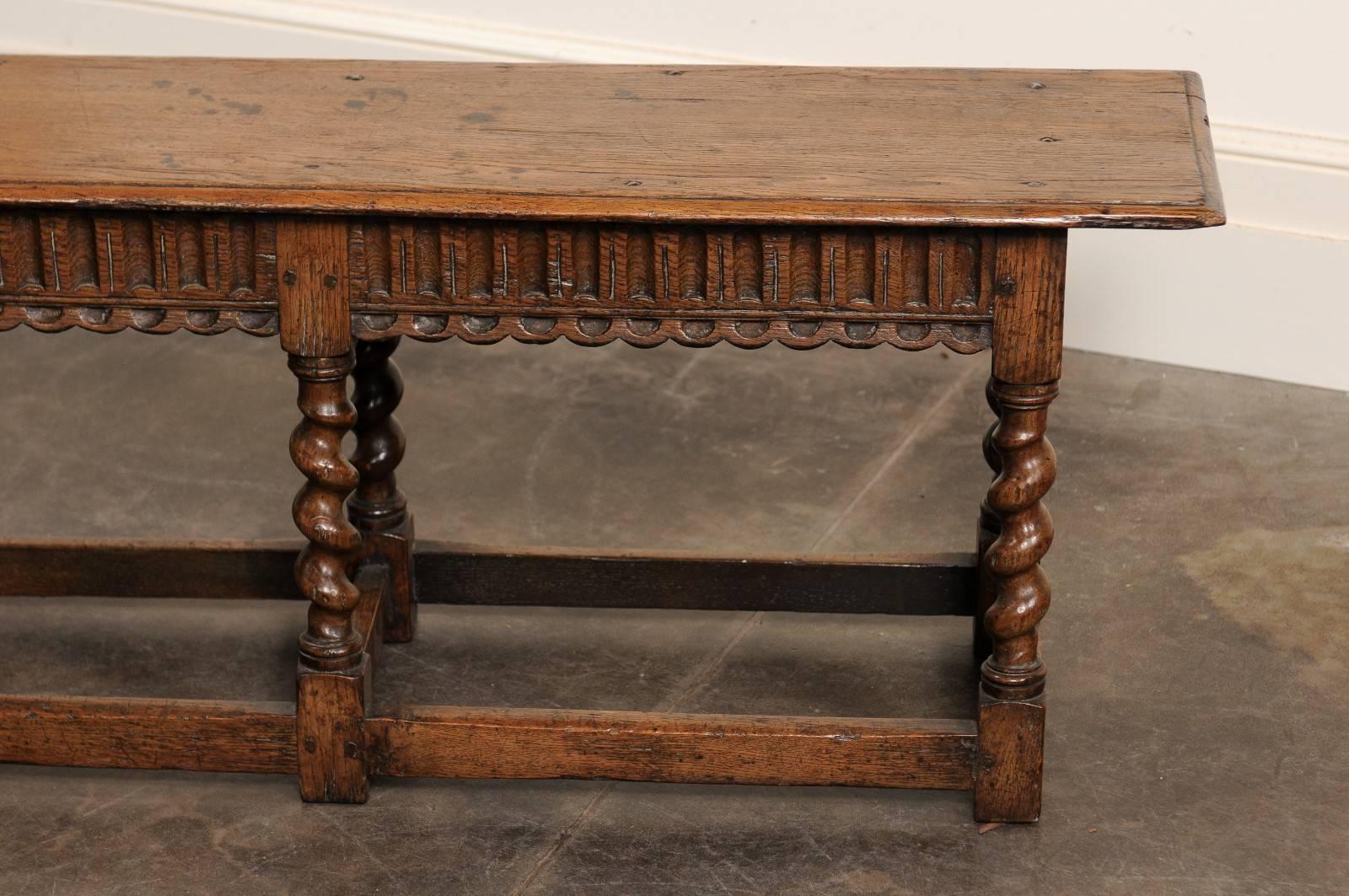 English Backless Carved Oak Bench with Barley Twist Legs, circa 1920 4