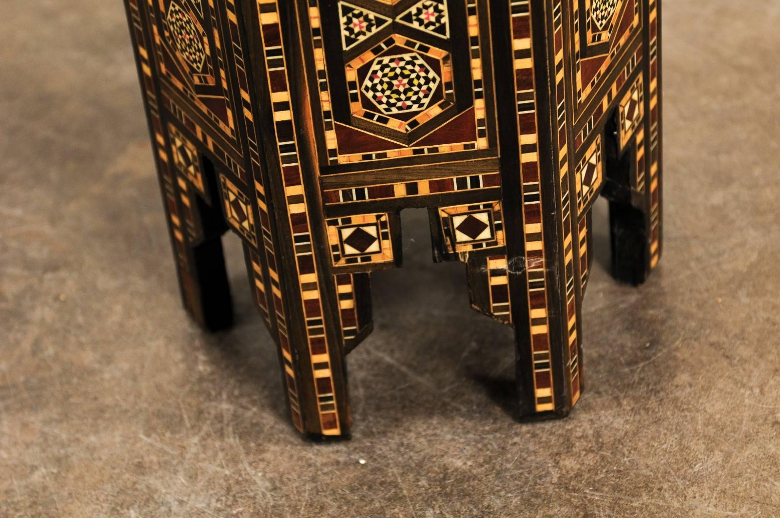 20th Century Petite Moroccan Drinks Table with Wood and Bone Inlay and Geometric Decor