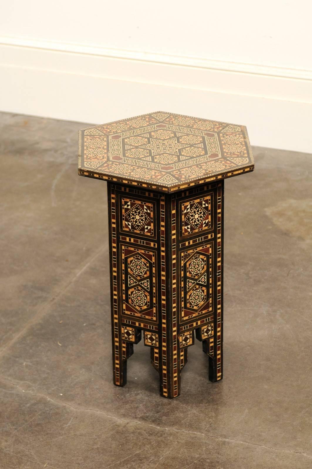Petite Moroccan Drinks Table with Wood and Bone Inlay and Geometric Decor 1