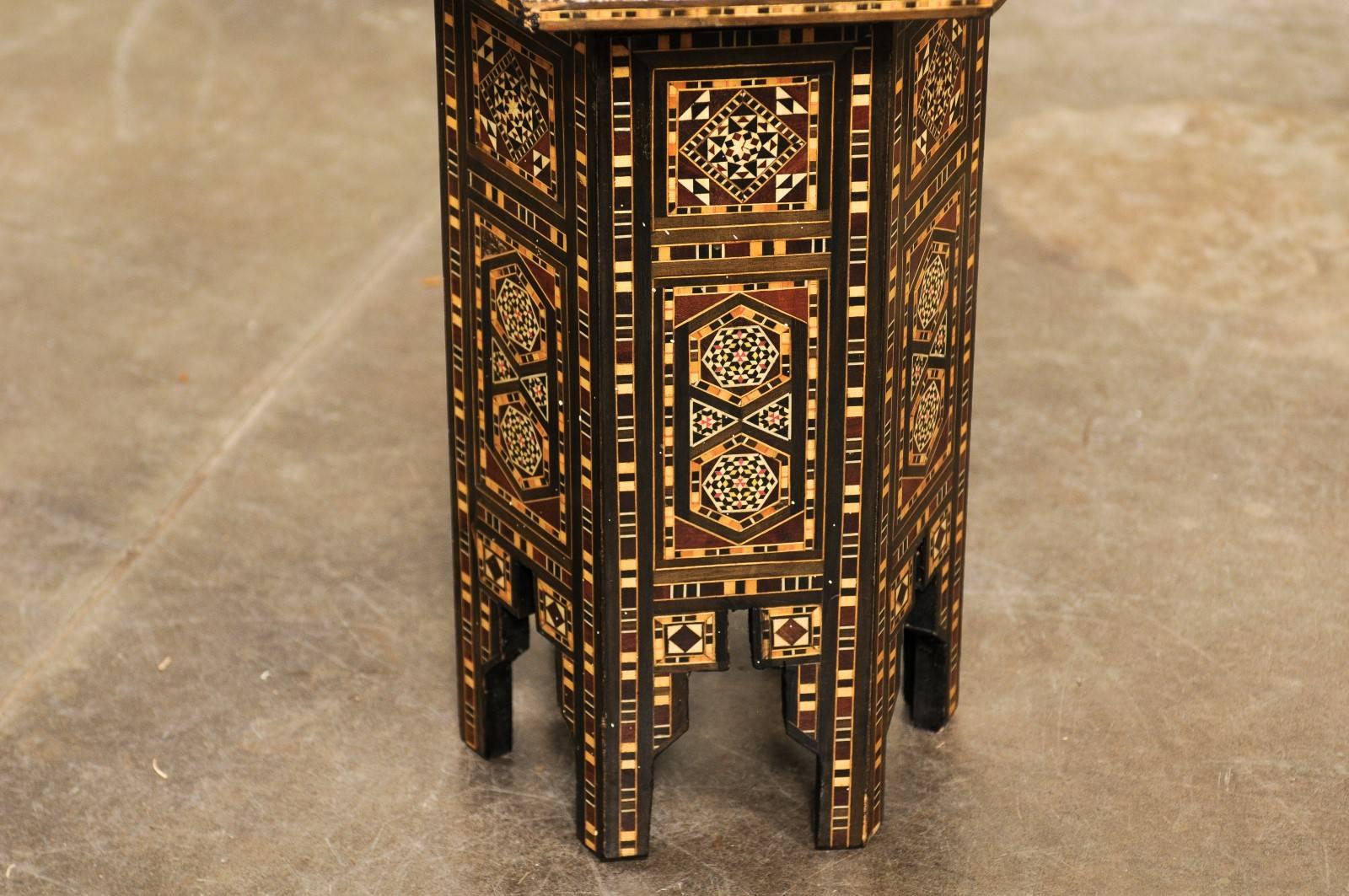 Petite Moroccan Drinks Table with Wood and Bone Inlay and Geometric Decor 2