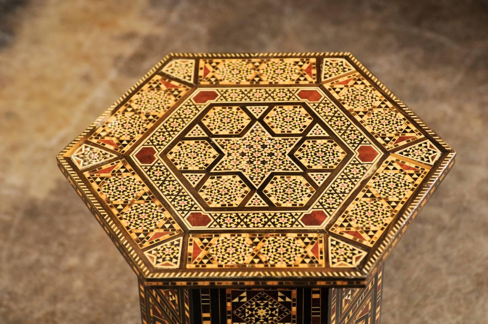 Petite Moroccan Drinks Table with Wood and Bone Inlay and Geometric Decor 3