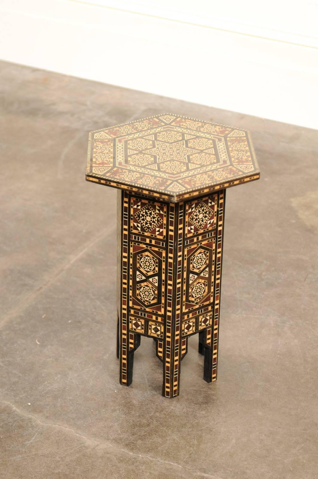 Moorish Inlaid Moroccan Petite Size Drinks Table with Wood and Bone Inlay, Mid-Century