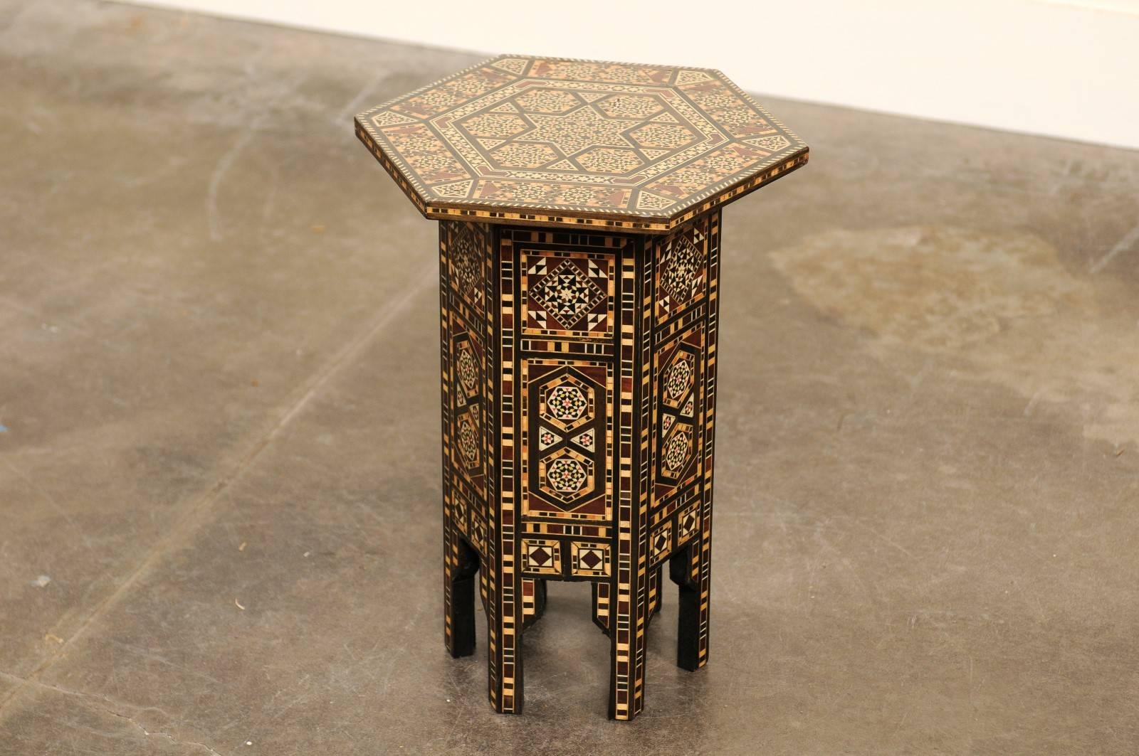 Inlaid Moroccan Petite Size Drinks Table with Wood and Bone Inlay, Mid-Century 2