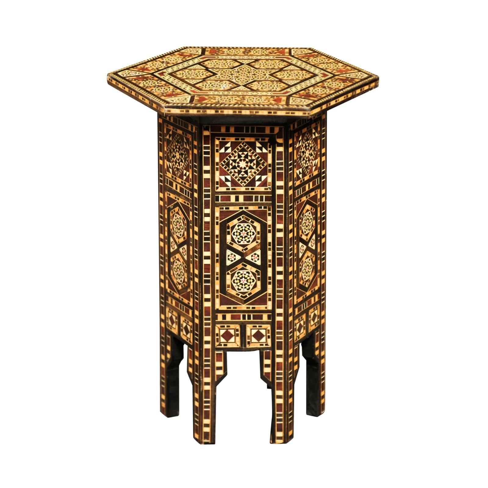 Inlaid Moroccan Petite Size Drinks Table with Wood and Bone Inlay, Mid-Century