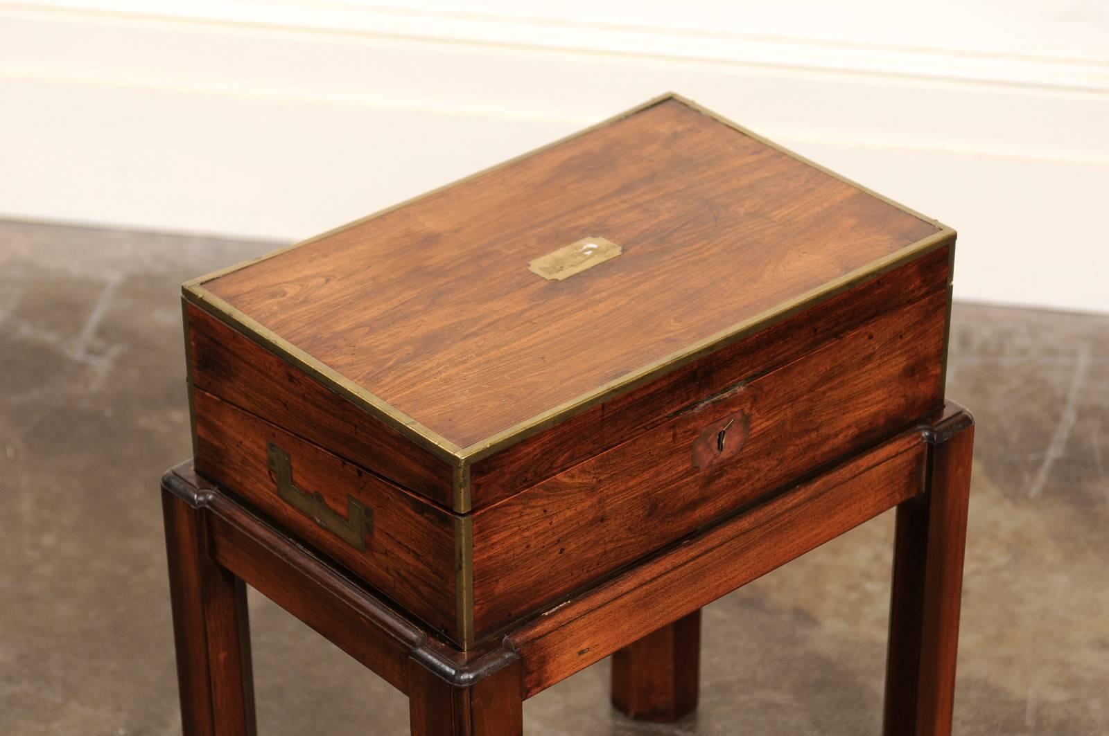 19th Century English Campaign Mahogany Lap Desk Decorative Box on Custom Stand, circa 1860