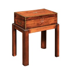 English Campaign Mahogany Lap Desk Decorative Box on Custom Stand, circa 1860