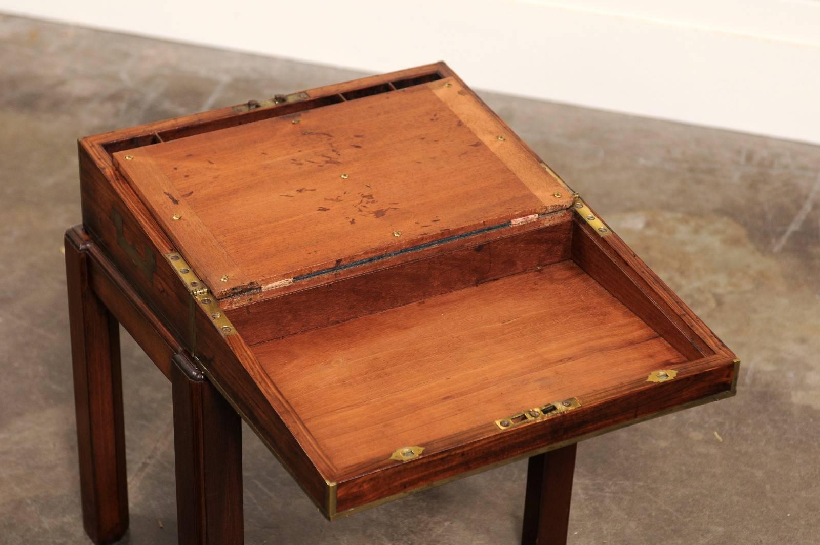 English Campaign Mahogany Lap Desk Decorative Box on Custom Stand, circa 1860 1