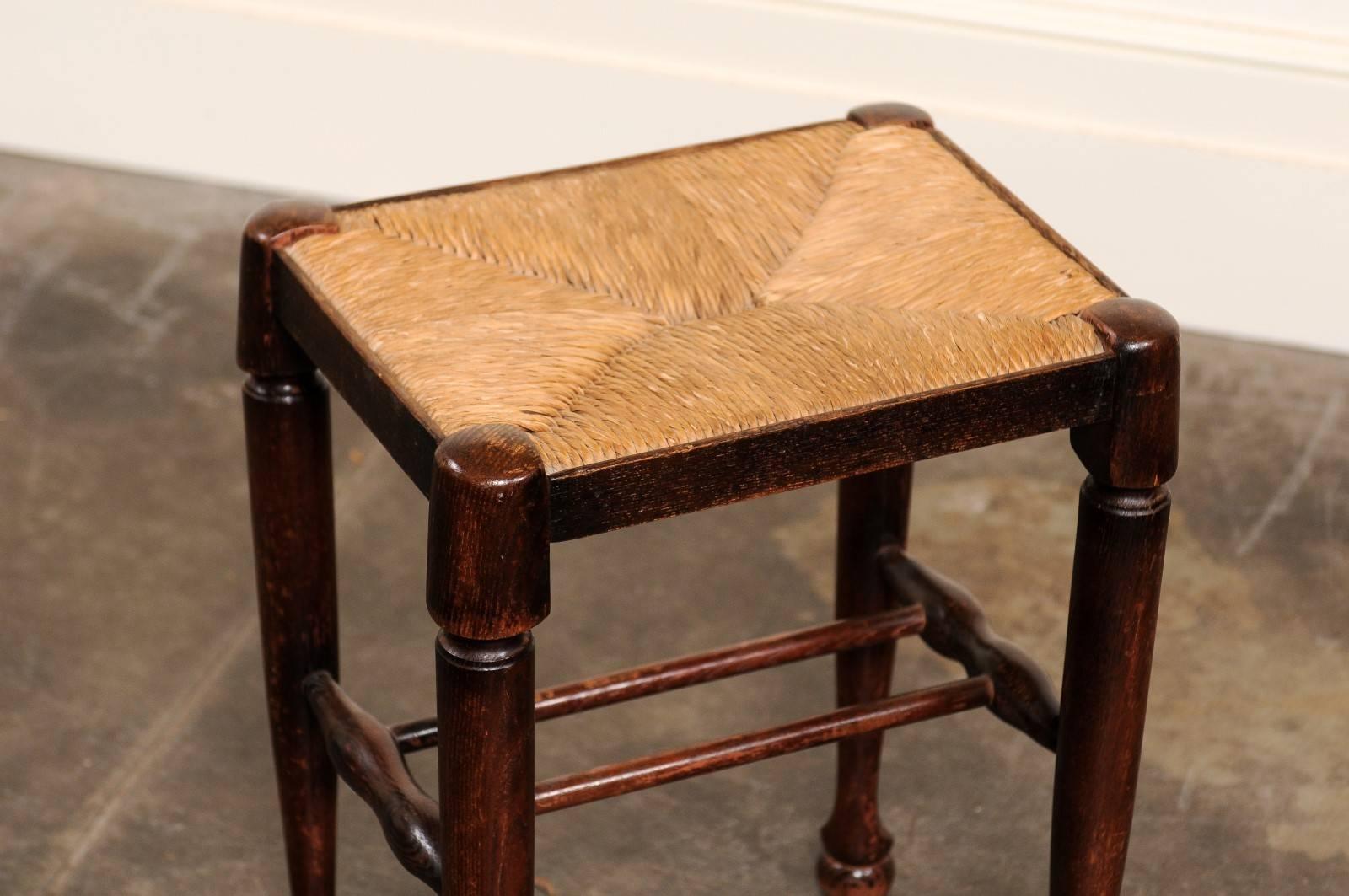 English Petite Oak Stool with Rectangular Rush Seat from the Late 19th Century 2