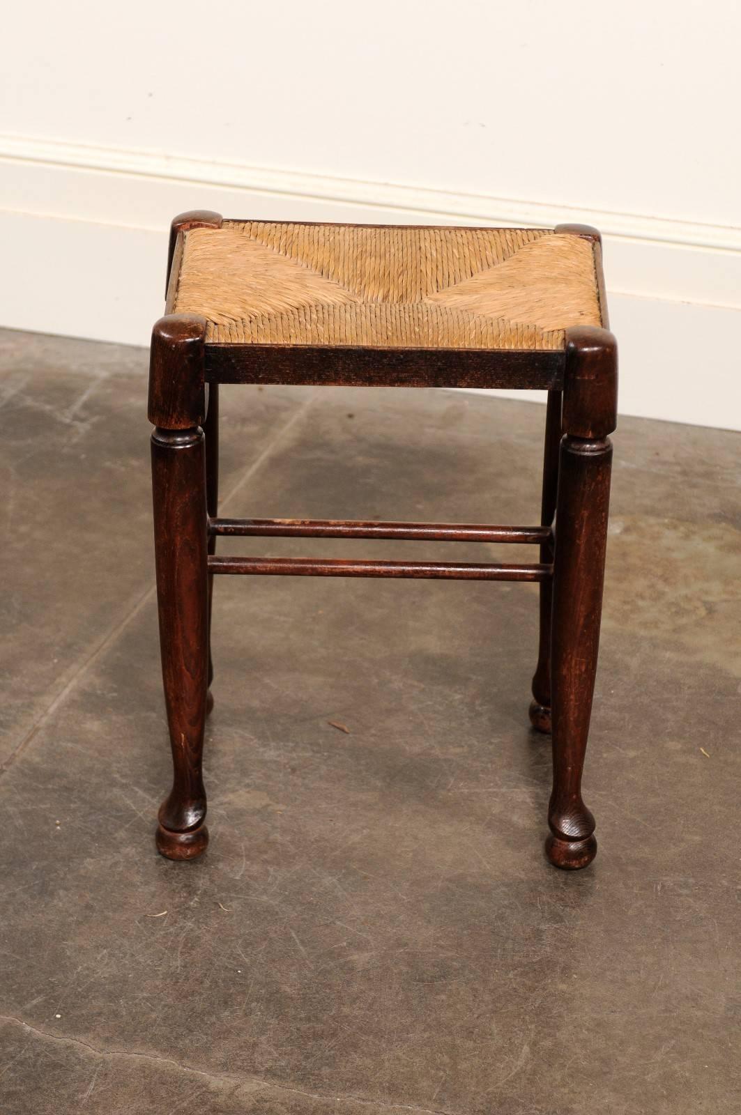 English Petite Oak Stool with Rectangular Rush Seat from the Late 19th Century 1