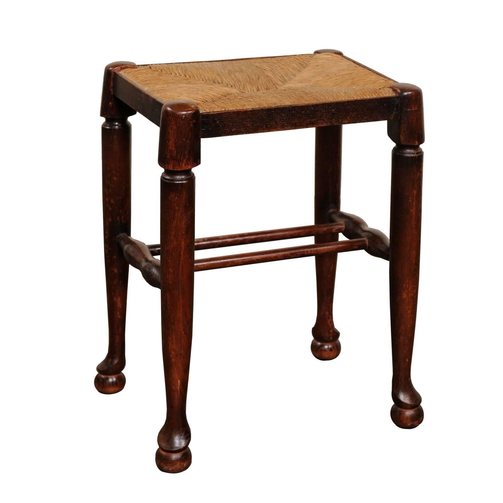 English Petite Oak Stool with Rectangular Rush Seat from the Late 19th Century