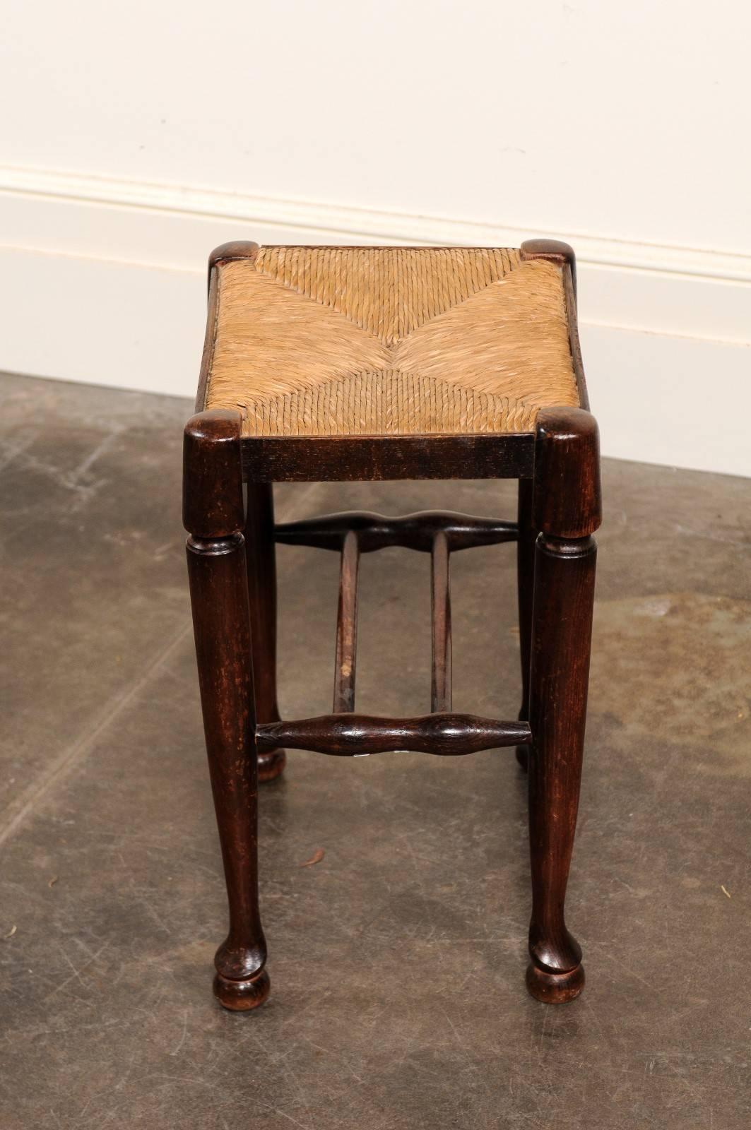 English Petite Oak Stool with Rectangular Rush Seat from the Late 19th Century 5