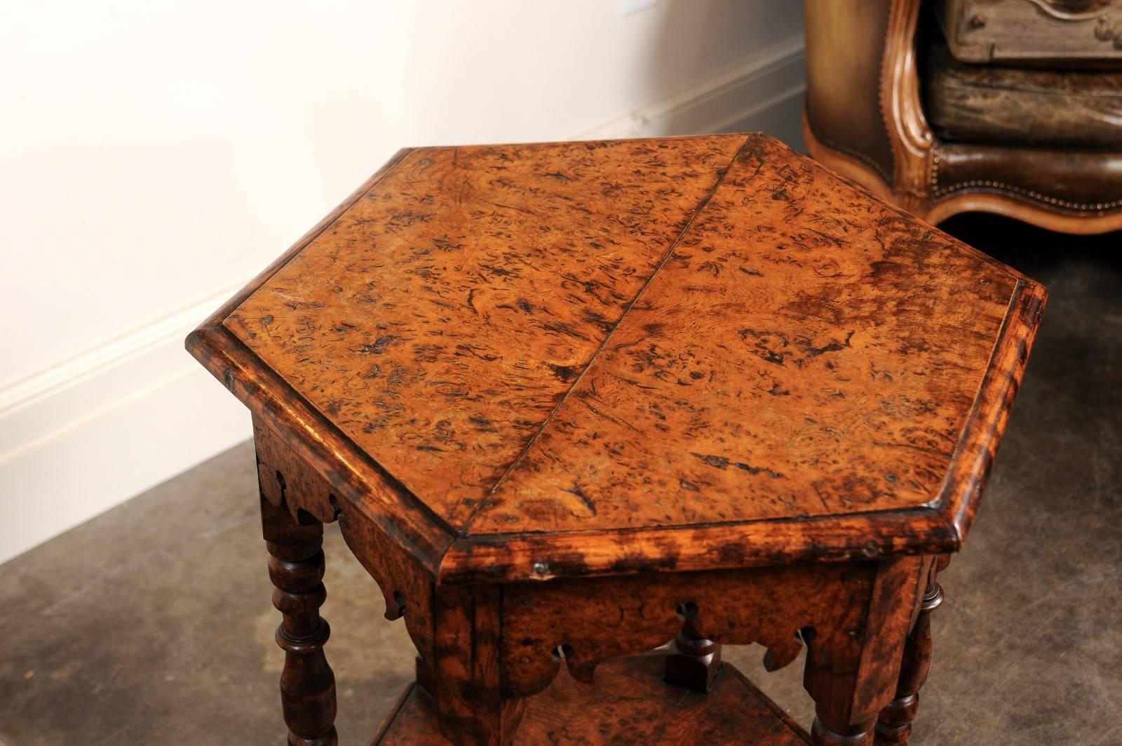 English Burl Wood Hexagonal Side Table with Turned Legs and Richly Carved Apron In Good Condition For Sale In Atlanta, GA