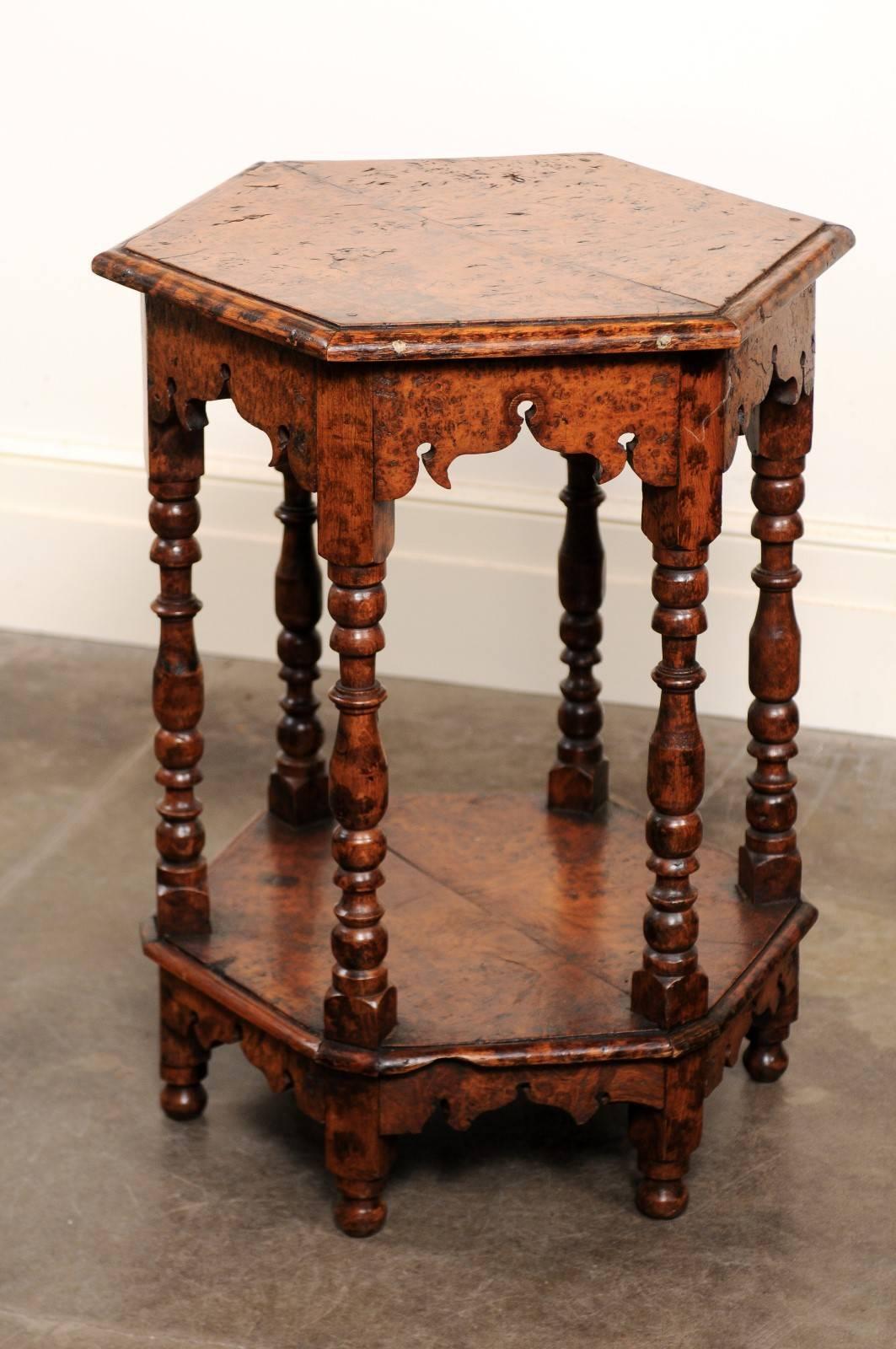 19th Century English Burl Wood Hexagonal Side Table with Turned Legs and Richly Carved Apron For Sale
