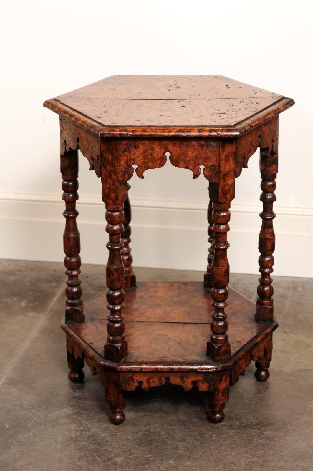 English Burl Wood Hexagonal Side Table with Turned Legs and Richly Carved Apron For Sale 1