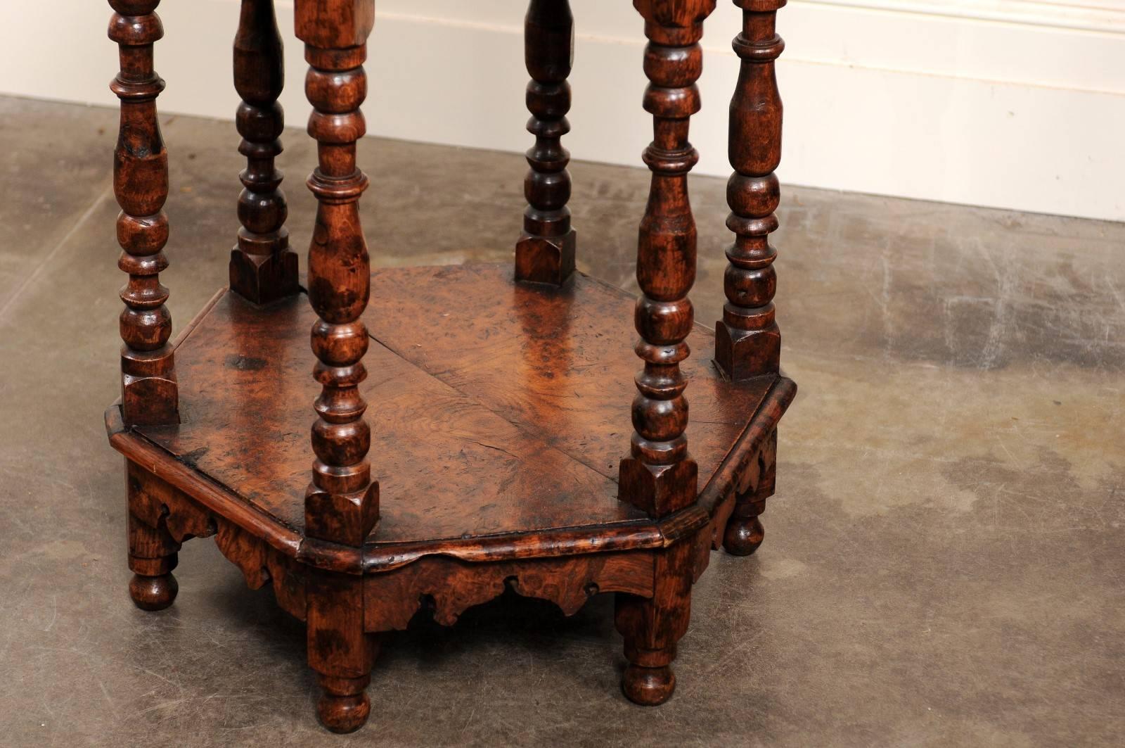 English Burl Wood Hexagonal Side Table with Turned Legs and Richly Carved Apron For Sale 3