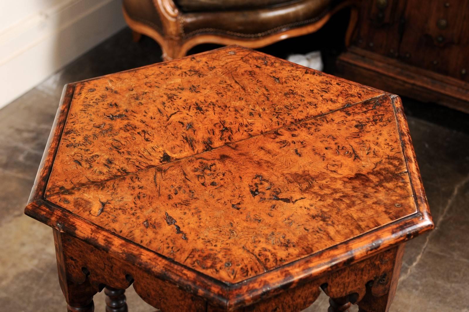 English Burl Wood Hexagonal Side Table with Turned Legs and Richly Carved Apron For Sale 2