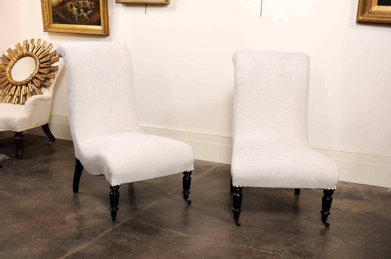 Pair of English Upholstered and Ebonized Wood Slipper Chairs, circa 1900 5