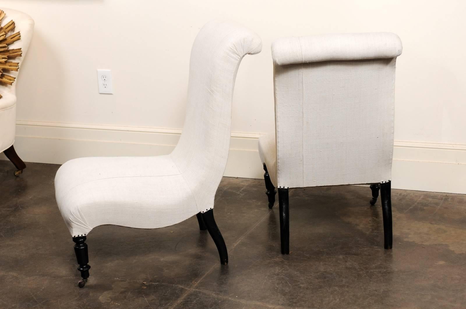 Pair of English Upholstered and Ebonized Wood Slipper Chairs, circa 1900 4