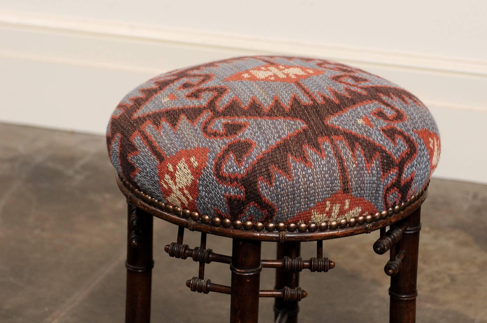 20th Century French Chinese Chippendale Style Upholstered Stool from the Turn of the Century