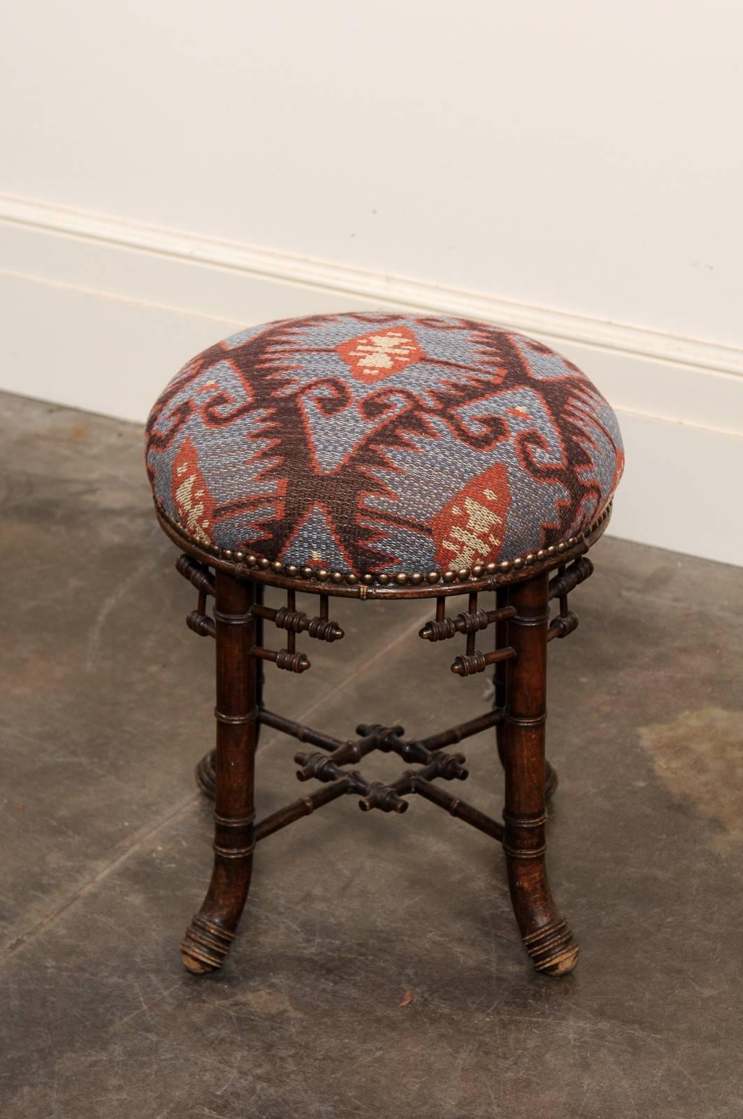 French Chinese Chippendale Style Upholstered Stool from the Turn of the Century 2