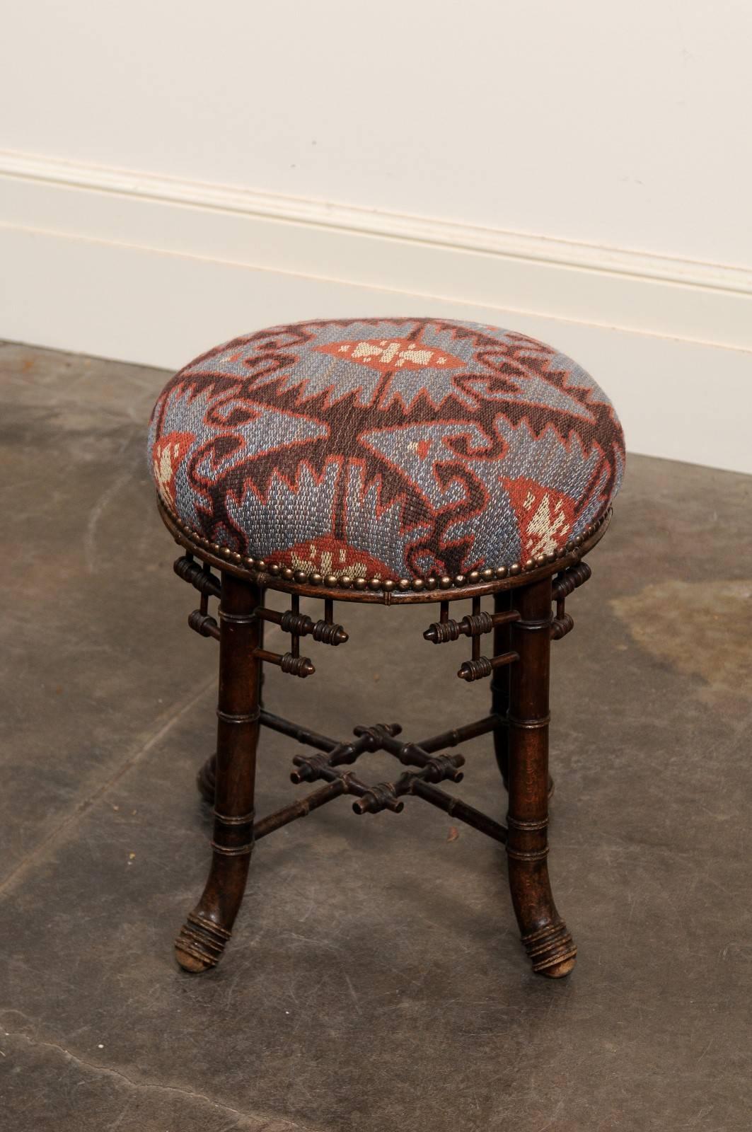 French Chinese Chippendale Style Upholstered Stool from the Turn of the Century 1