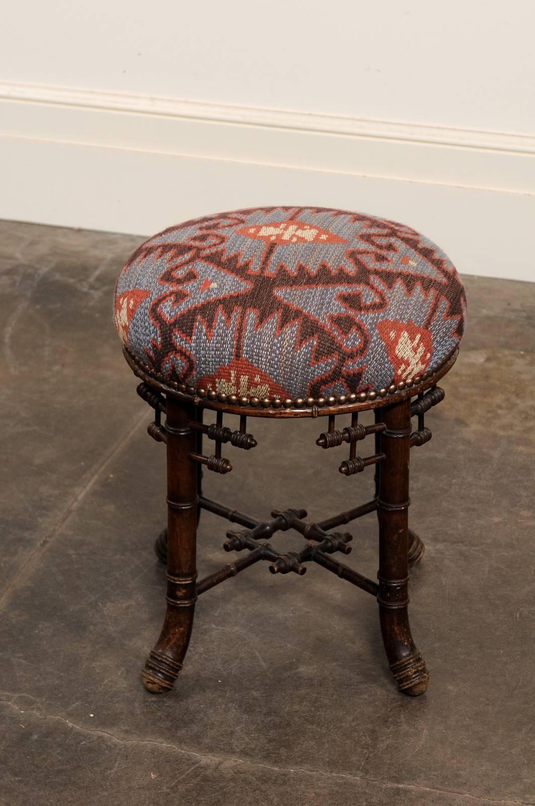 French Chinese Chippendale Style Upholstered Stool from the Turn of the Century 4