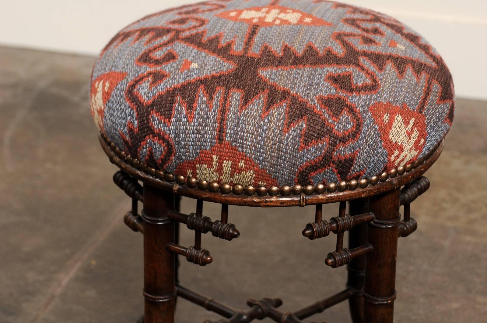 French Chinese Chippendale Style Upholstered Stool from the Turn of the Century 3