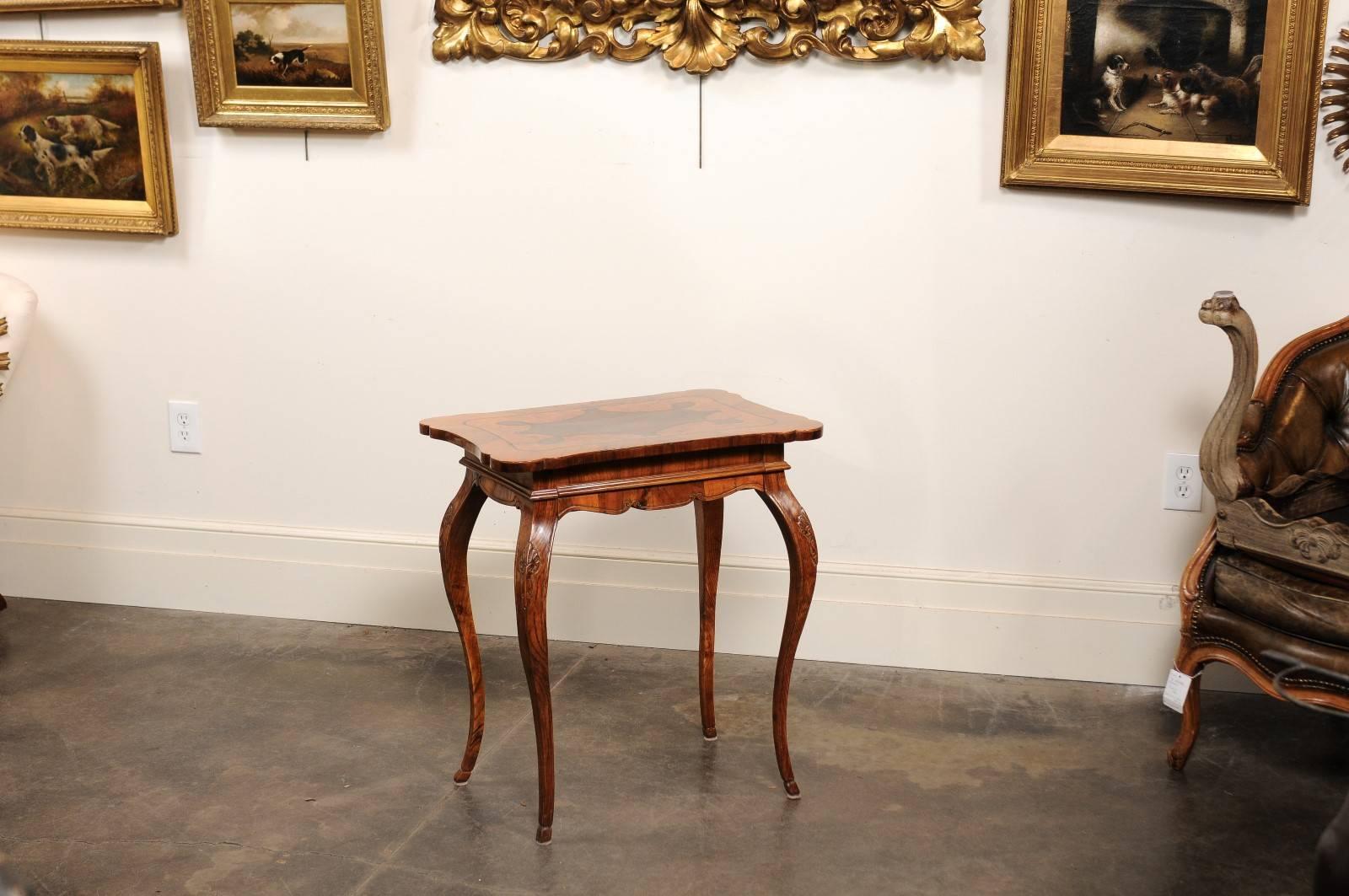 Italian Rococo Style Side Table circa 1850 with Inlaid Top and Single Drawer In Excellent Condition In Atlanta, GA