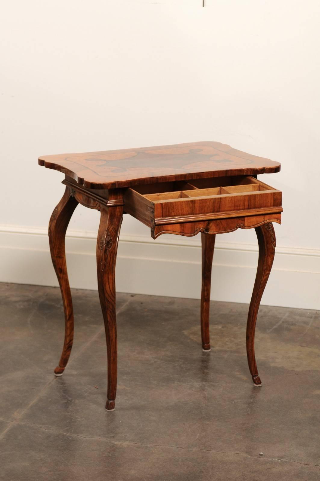 19th Century Italian Rococo Style Side Table circa 1850 with Inlaid Top and Single Drawer