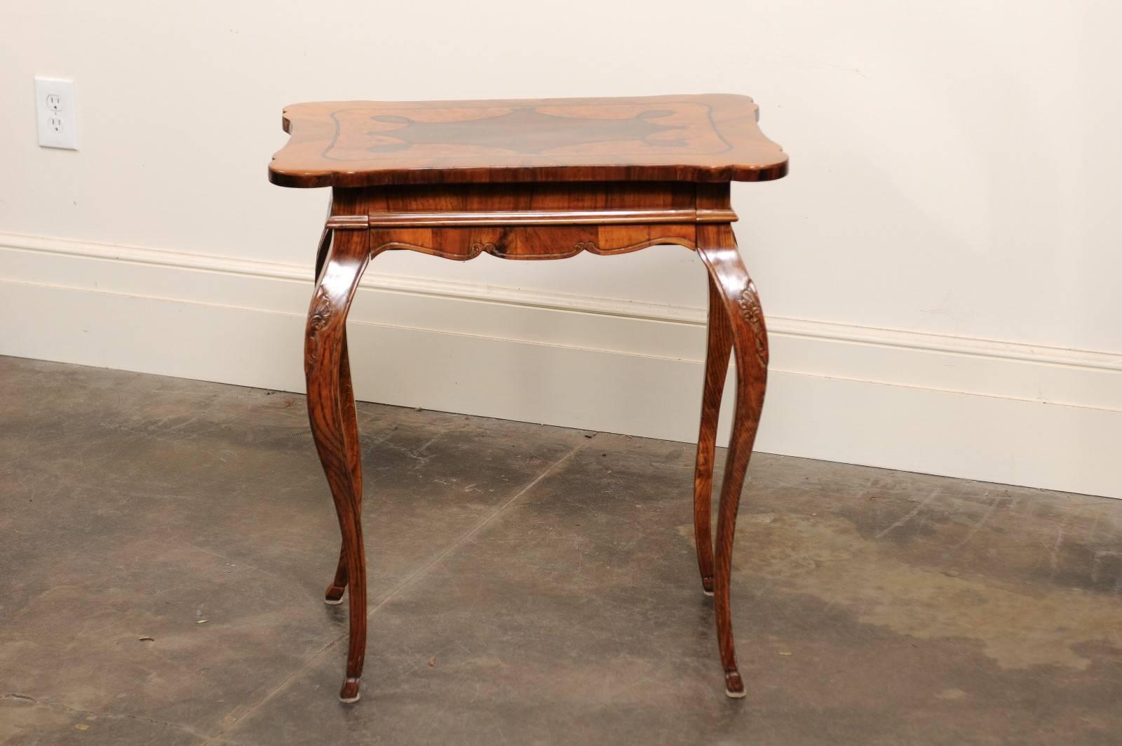 Italian Rococo Style Side Table circa 1850 with Inlaid Top and Single Drawer 1