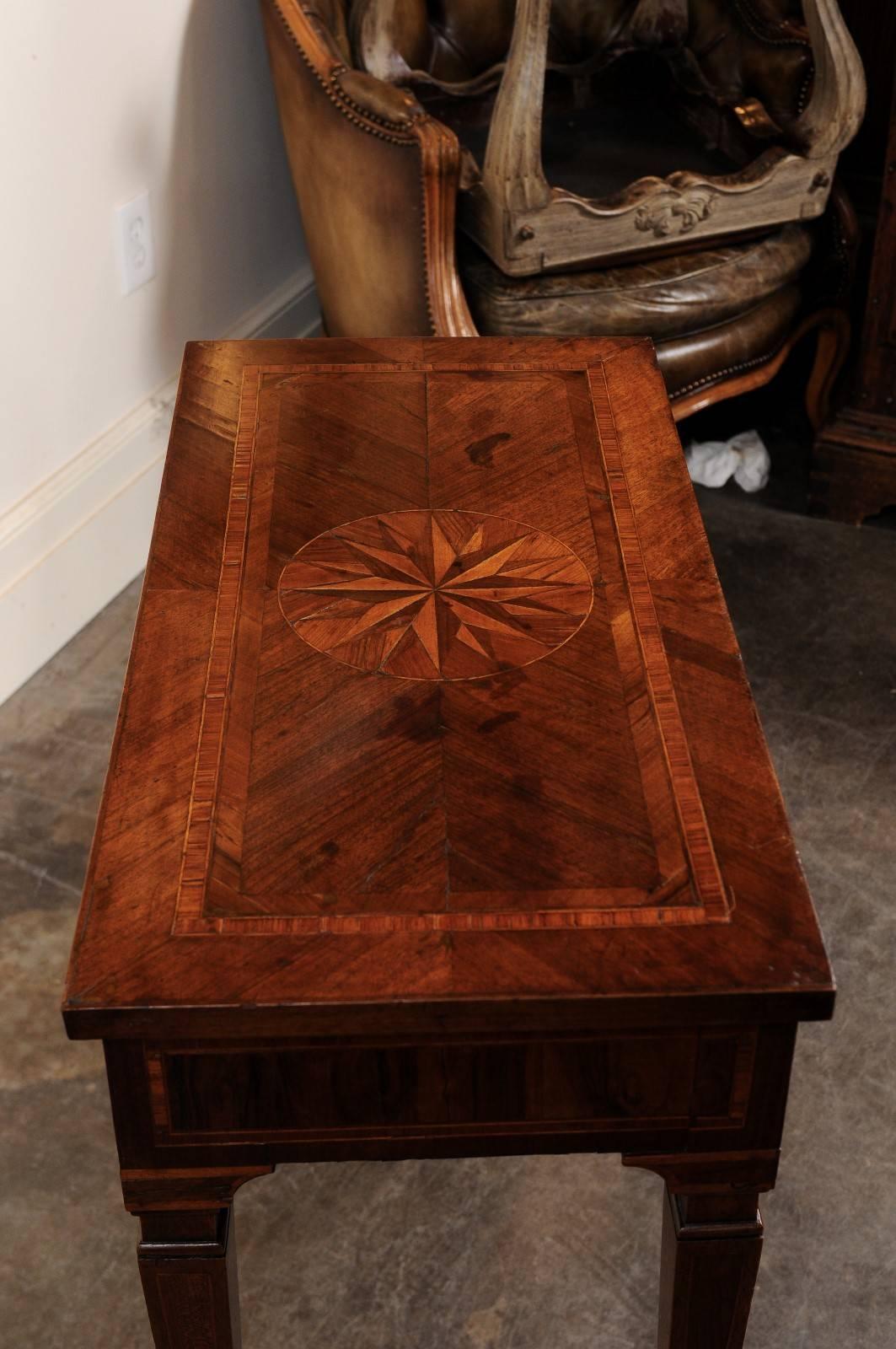 Walnut Italian 18th Century Console Table with Marquetry Inlaid Top and Tapered Legs For Sale